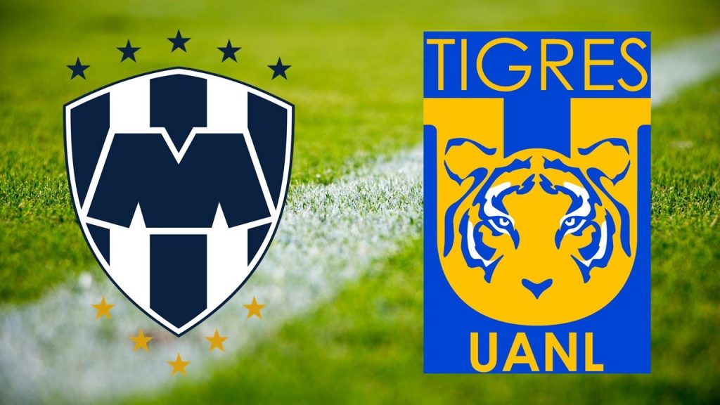 Logos enfrentados de los Tigres UANL vs los Rayados de Monterrey
